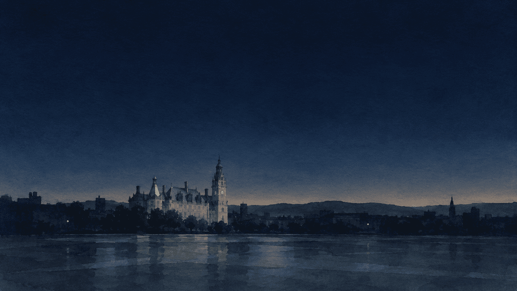 A painting of Sheffield at dusk